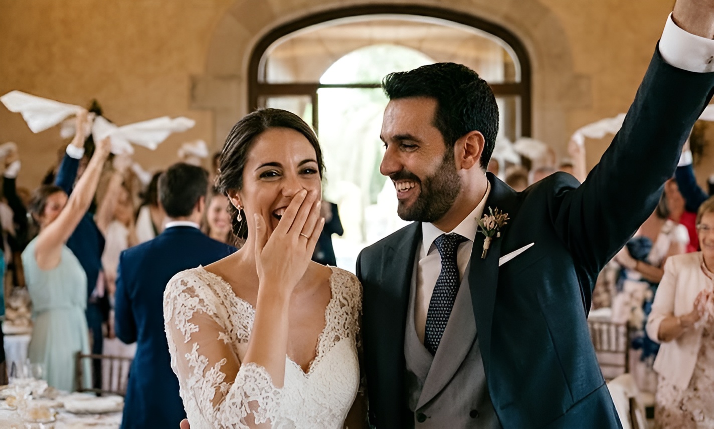 Los novios riéndose entre los invitados que agitan servilletas