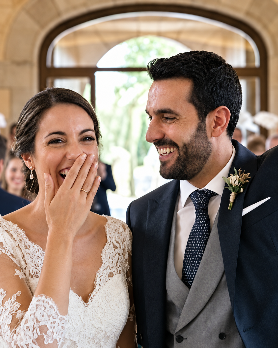 Los novios riéndose entre los invitados que agitan servilletas